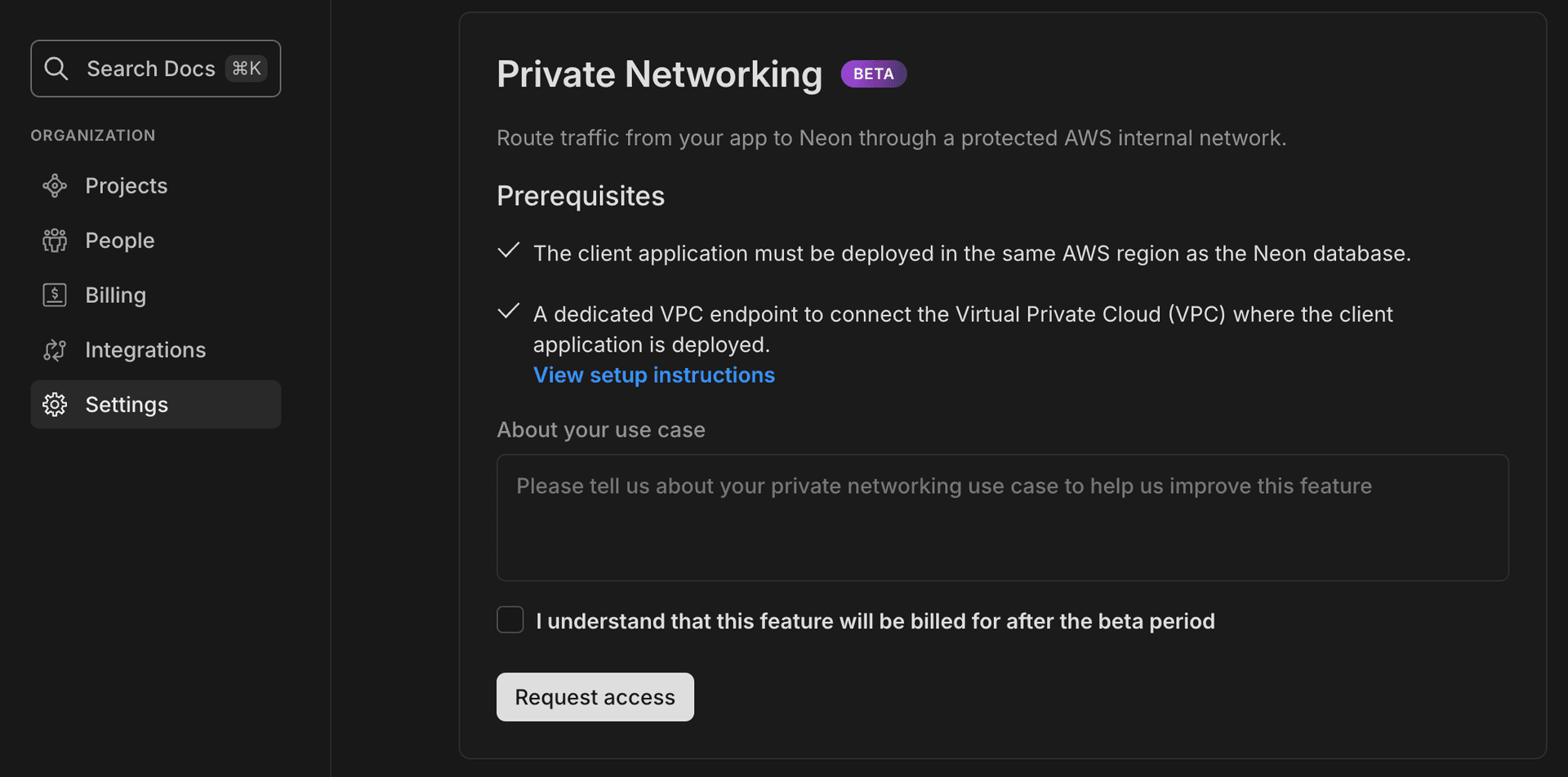 Requesting Private Networking Access