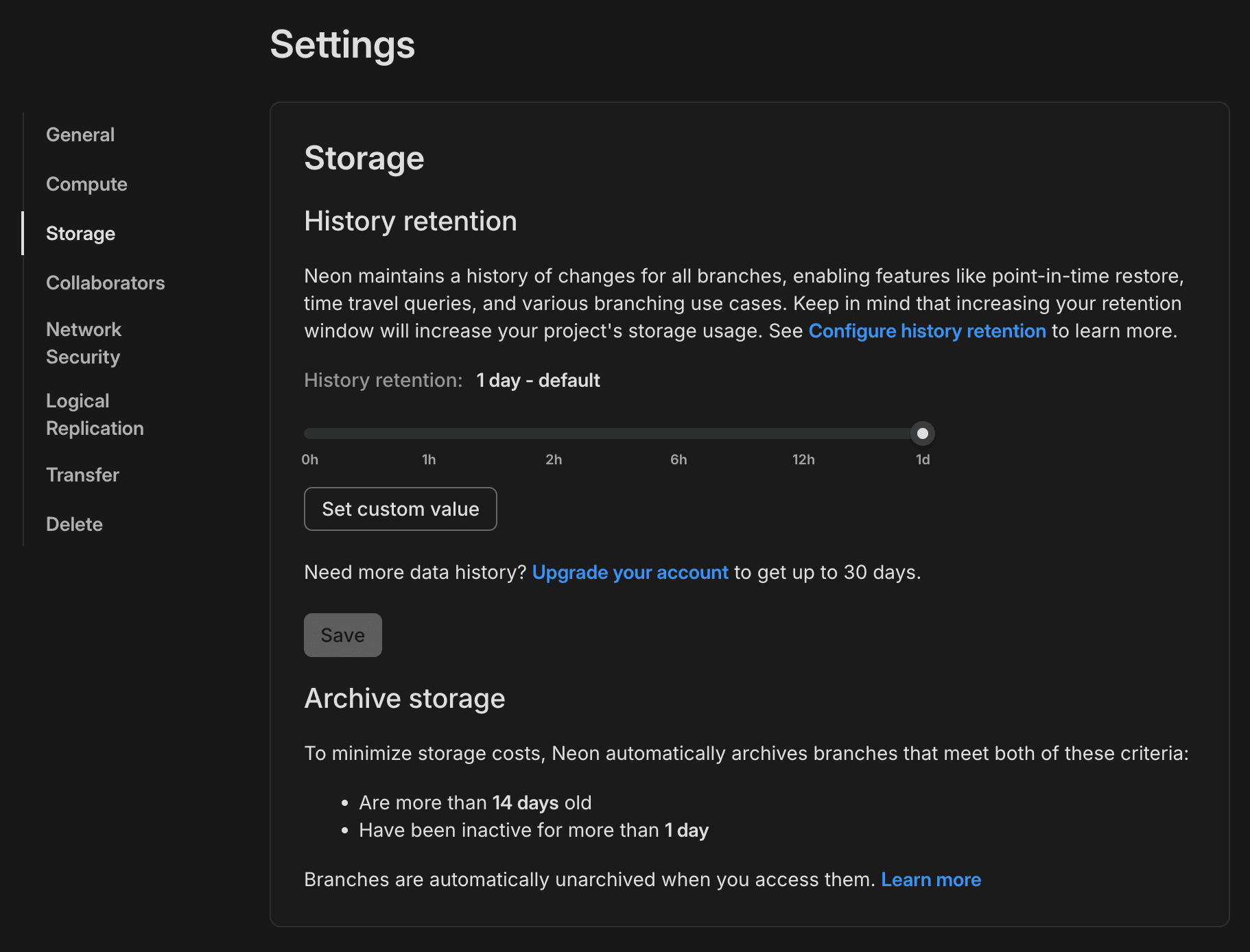 History retention configuration